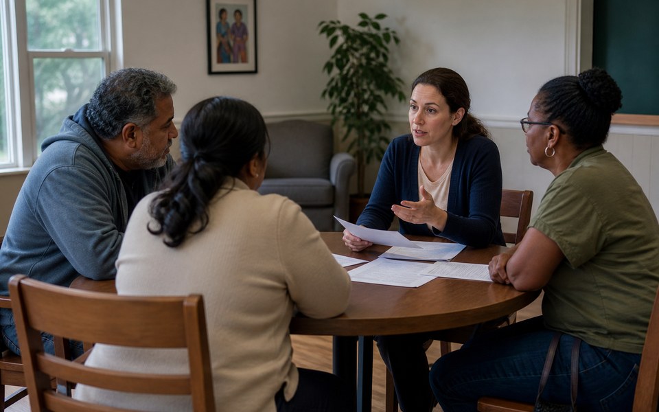 Una asesora conversa con adultos sobre opciones de vivienda y apoyo