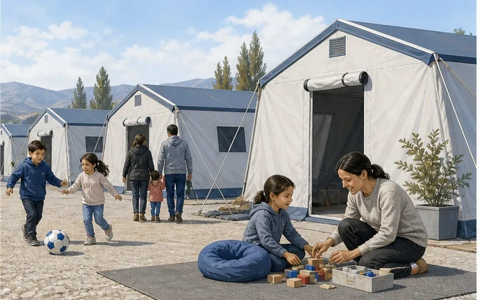Kinder in der Nähe provisorischer Unterkünfte