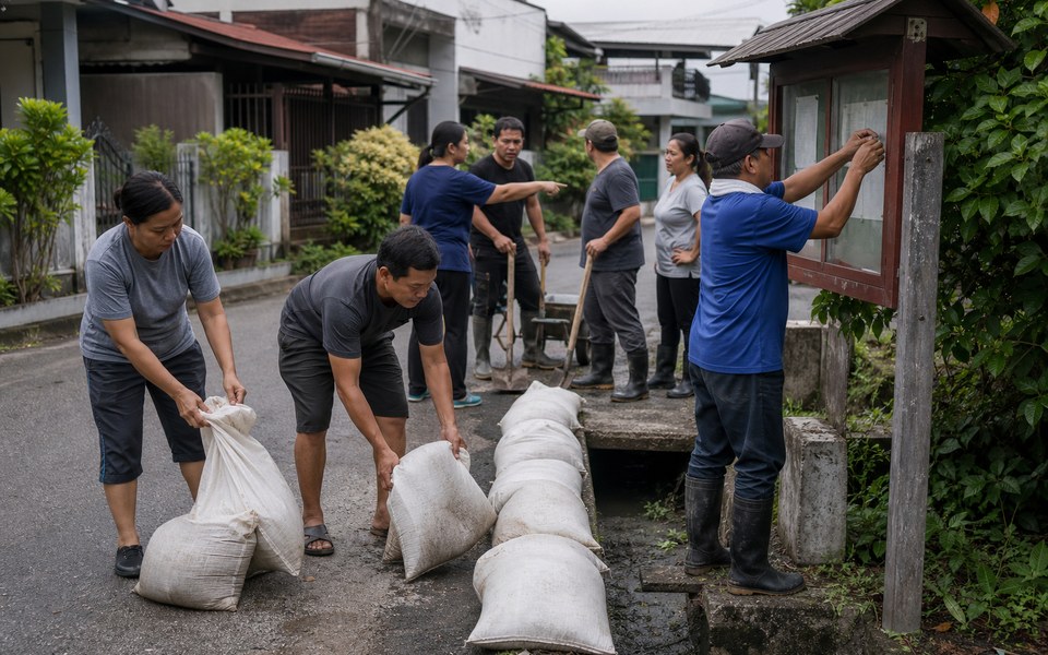 Vecinos preparan su calle para lluvias intensas con sacos de arena