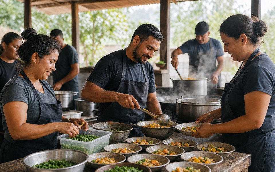 Un equipo comunitario prepara comidas nutritivas en una cocina colectiva