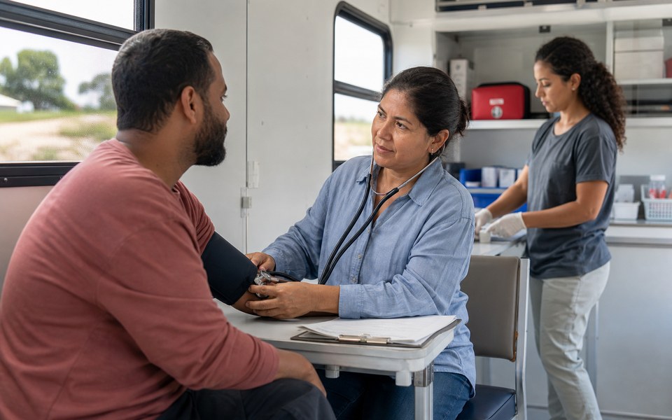 Una profesional de salud realiza una consulta en una clínica móvil