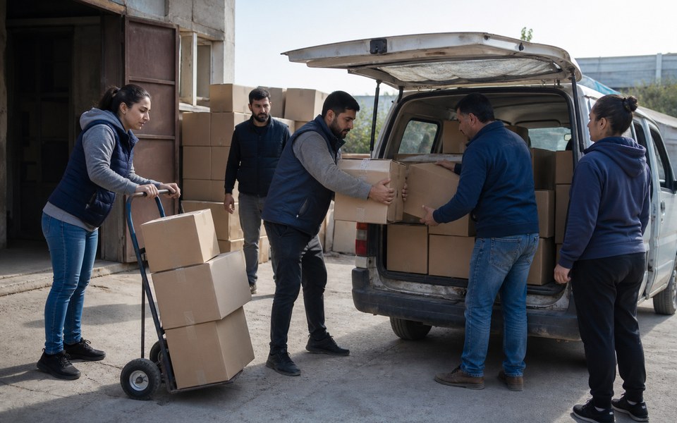 Un equipo carga suministros esenciales en un vehículo local para su entrega