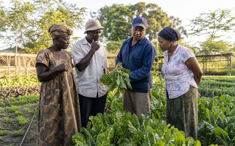Agricultores y una asesora observan cultivos en un huerto comunitario