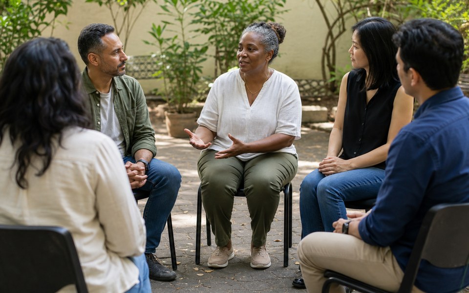 Personas adultas participan en un grupo de apoyo facilitado en un patio tranquilo