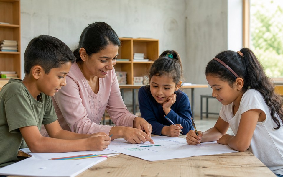 Una docente y niños realizan una actividad de aprendizaje en un aula luminosa