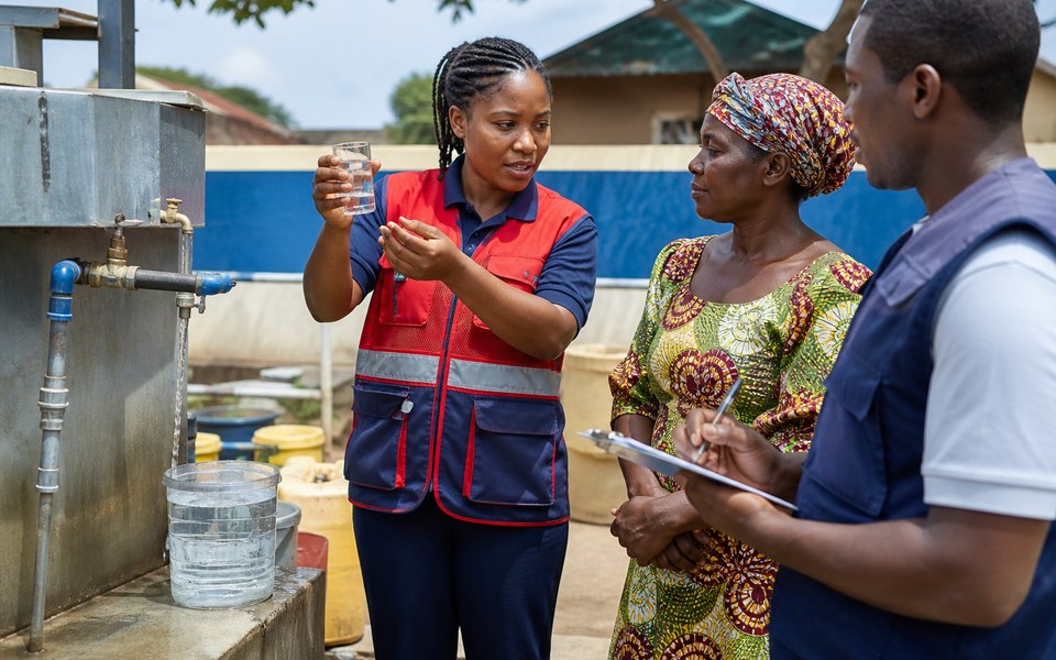 Un equipo comunitario mantiene un punto de agua y conversa con residentes