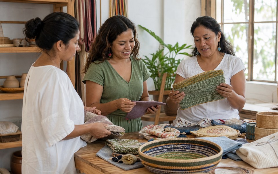 Mujeres revisan productos de una cooperativa en un taller local